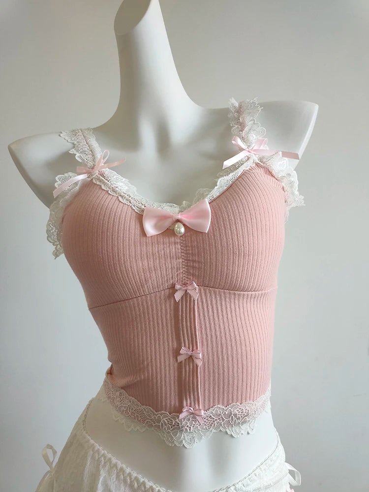 Sweet Crop Top Women Lace Trim Cotton Cropped Bows Bead Decoration Pink White Cute Camis Sweet Girls Lolita Style Kawaii Clothes SS69