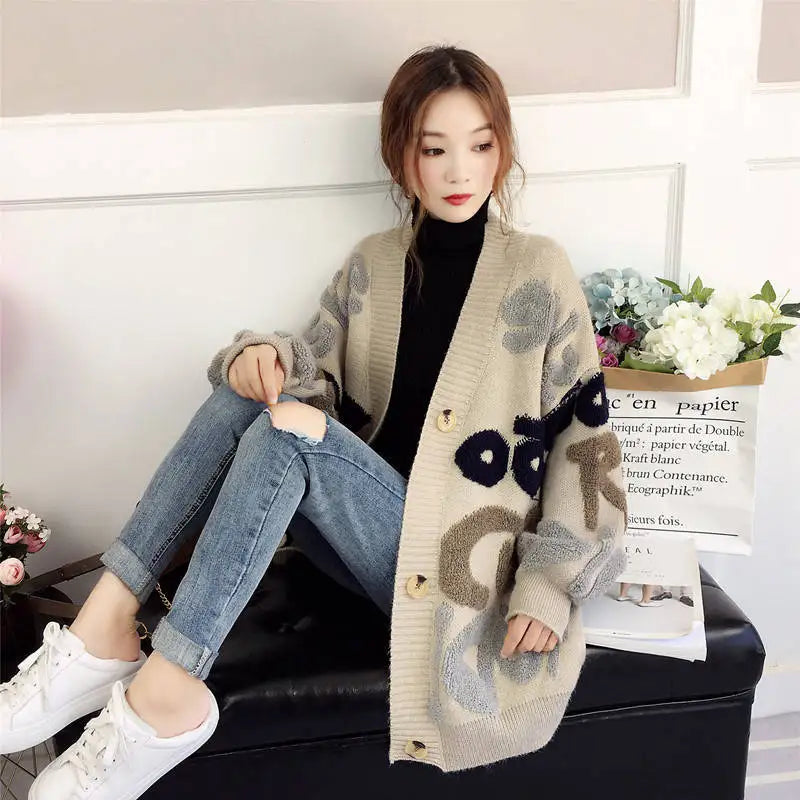 Women's Loose Knit Cardigan Sweater - V-Neck Button Front