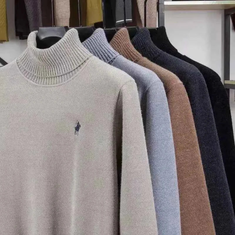 High end brand velvet sweater men's new fashion designer exquisite pony embroidery winter thick warm high neck knitted pullover