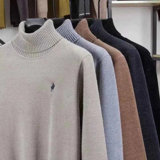 High end brand velvet sweater men's new fashion designer exquisite pony embroidery winter thick warm high neck knitted pullover