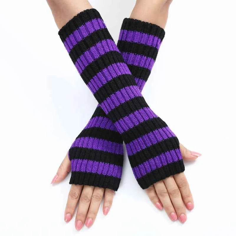 Women's Knitted Fingerless Arm Sleeves Gothic Style Striped Winter Long Arm Warmers Girls Harajuku Y2K Fashion Wrist Gloves