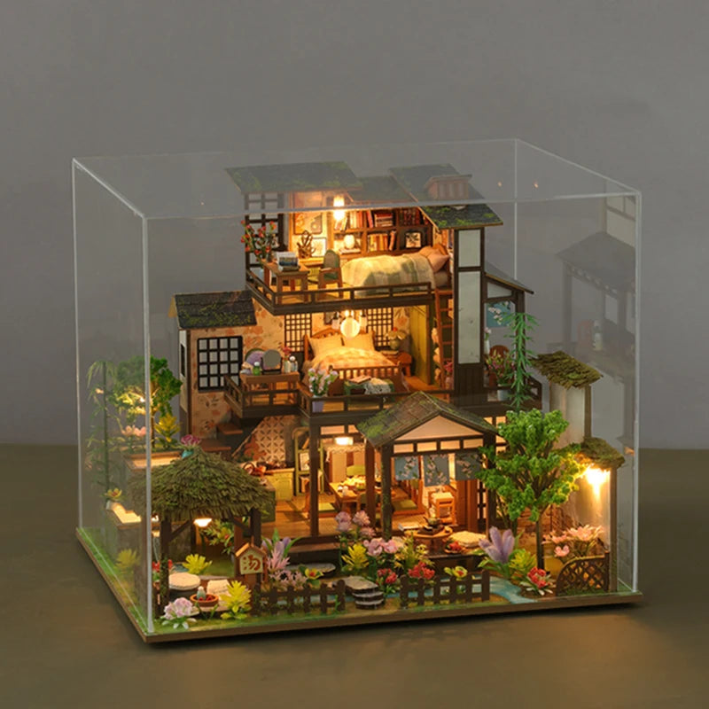 DIY Wooden Bamboo Spring Courtyard Casa Miniature Building Kits Bookend Assembled Dollhouses Bookshelf Home Decor Friends Gifts SS69 99.69 K003 with dust cover / CHINA