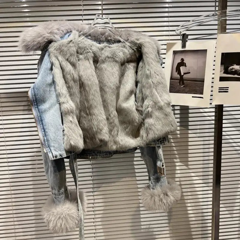 Winter Women Denim Coat Jacket Fox Collar Short  Warm High Street Outerwear Thicken Coat High Quality Luxury Design Party Wear