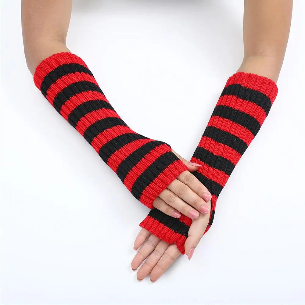 Lolita Striped Women's Knitted Fingerless Arm Sleeves Halloween Gothic Style Long Arm Warmers Girls Punk Striped Elbow Gloves SS69