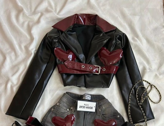 Fashion Trendy Leather Suit Twopiece Set Women Y2k Harajuku Gothic Heart Shaped Short Jacket Denim Splicing Sexy Miniskirt Suit SS69 35.69 Top4 / S