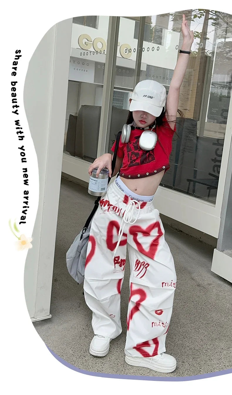 summer junior Girls Love Graffiti Casual Pants teenager girl Casual Hip Hop cargo pants kids Dance pants children clothes - SS69