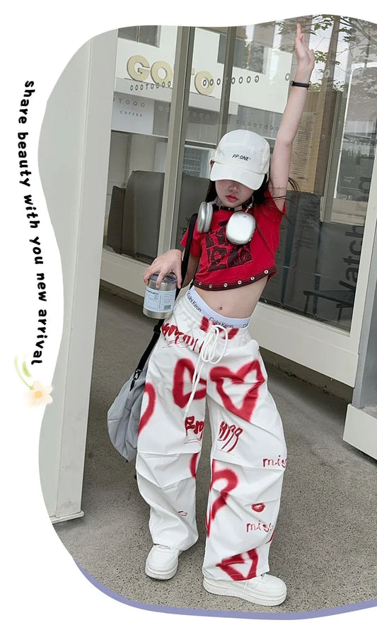 summer junior Girls Love Graffiti Casual Pants teenager girl Casual Hip Hop cargo pants kids Dance pants children clothes - SS69