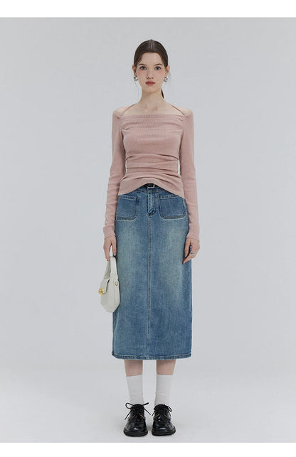 EGGKA Autumn One-shoulder Halter Neck Knitted Tops Women Slim Designer T-Shirts Slash Neck Long Sleeve Tops Korean Fashion Tees - SS69