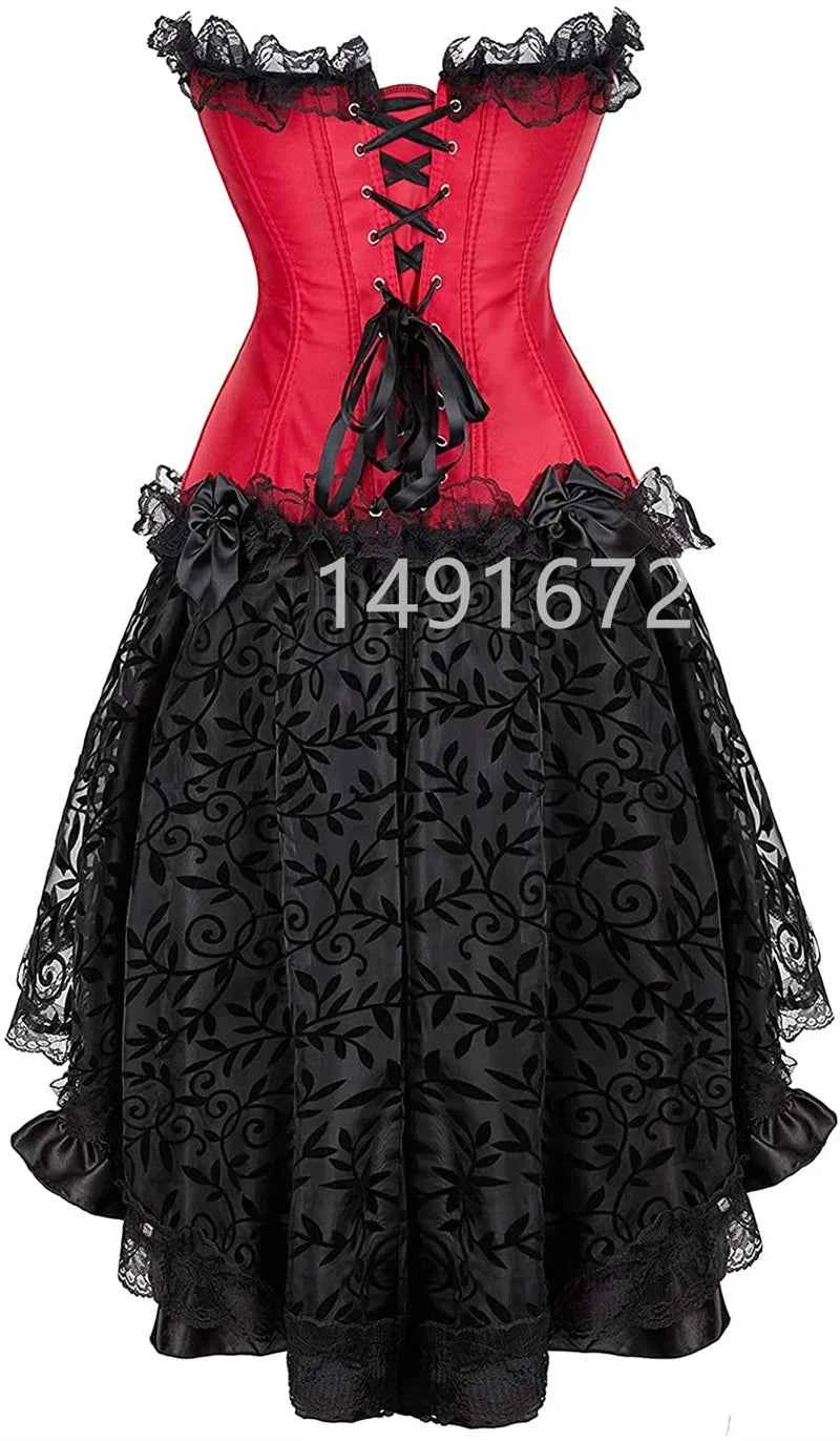 SS69 Plus Size Vintage Floral Lace Corset Bustier and Skirt Set - Green
