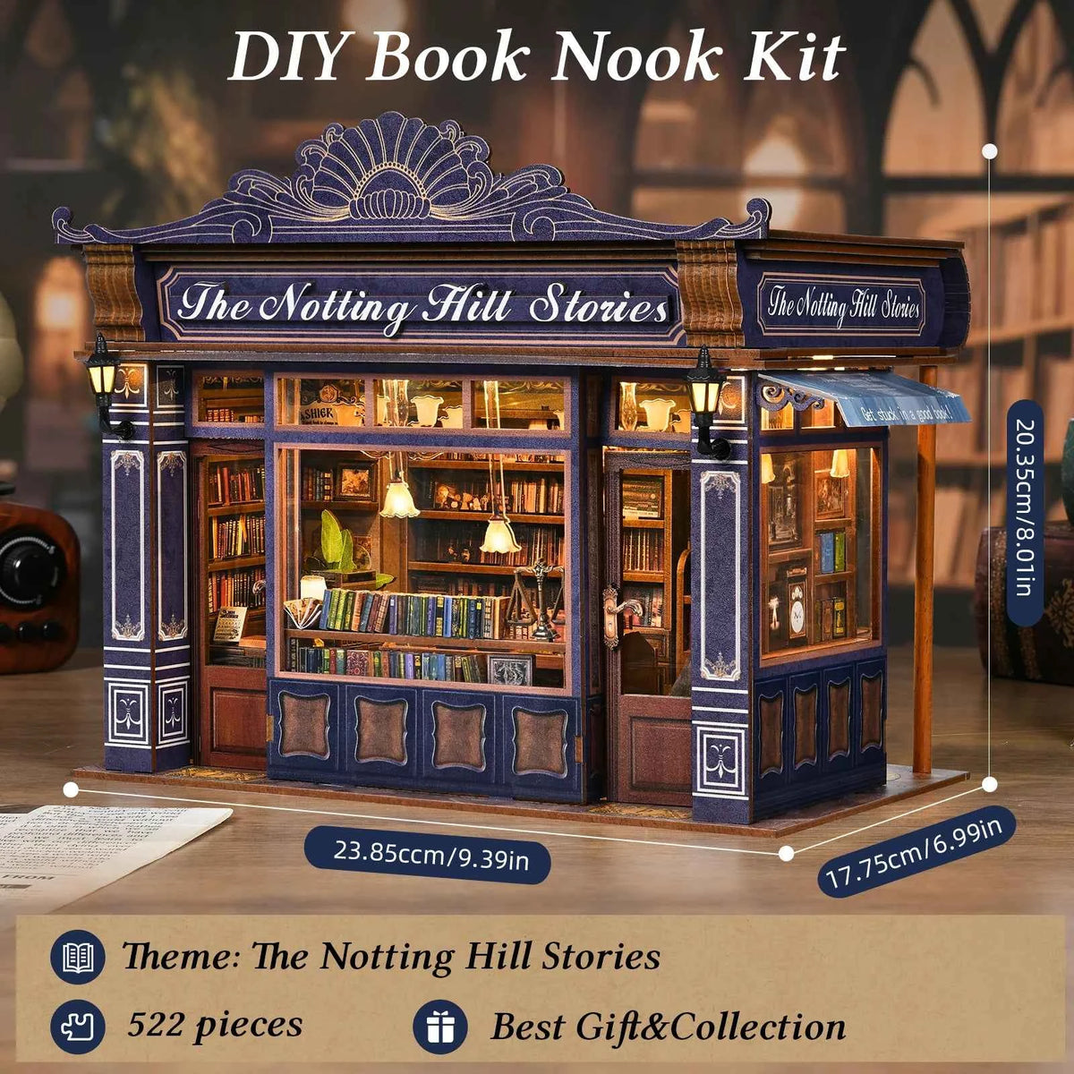 DIY Book Nook Kit Notting Hill Bookstore Wooden  Bookshop Dollhouse with Light Bookshelf Insert 3D Puzzle Decor for Gift