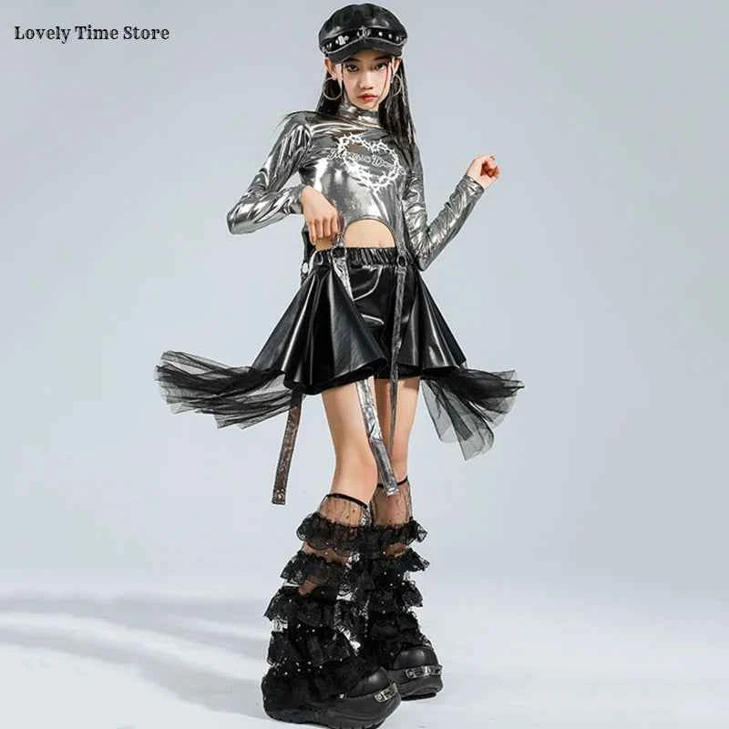 Girls K-pop Silver Shiny Crop Top Street Dance Ribbon Skirt Kids Hip Hop Jazz Clothes Set Children Streetwear Girl Group Costume