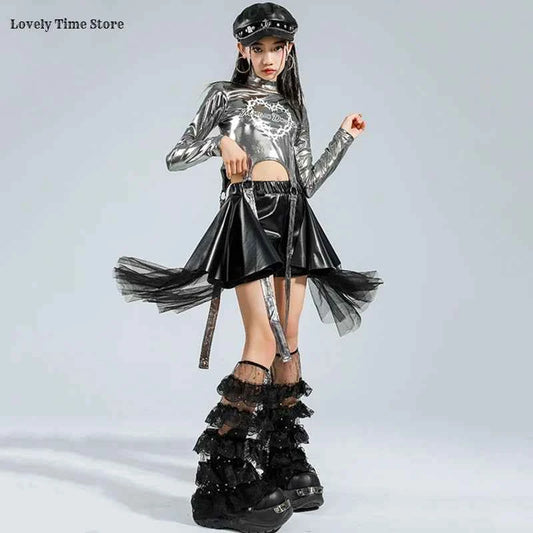 Girls K-pop Silver Shiny Crop Top Street Dance Ribbon Skirt Kids Hip Hop Jazz Clothes Set Children Streetwear Girl Group Costume