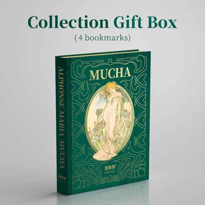 1 Set of 4 Mucha Four Flower Illustration Art Bookmark Gift Box, Literary Retro, Brass Chain Decorative Painting, Holiday Gift
