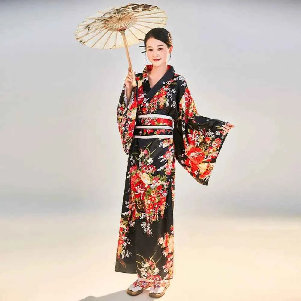 Cosplay Costume Traditional Japanese Kimono Japanese Style Printed Floral Sakura Girl Kimono Dress Asian Elegance