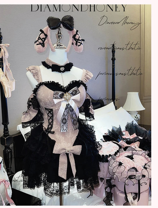 2024 New Spring Summer Ladies Exquisite Lace Skirt Suit Lolita Sweet Womens Black Pink Bow Tube Top Sling Short Cake Skirt Set SS69