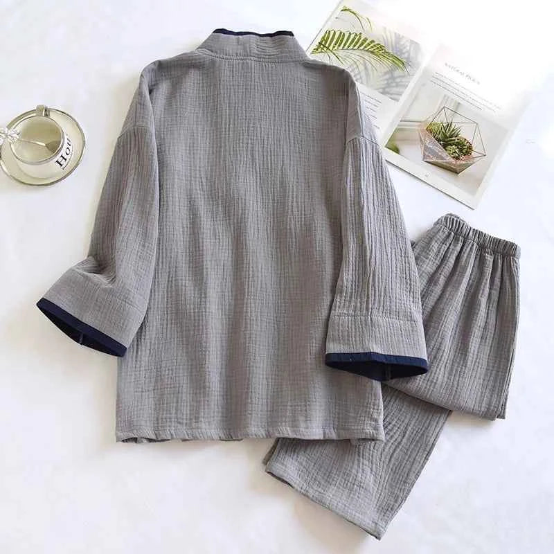 Japanese Style Spring and Autumn Thin Men's Kimono Hanfu Pure Cotton Gauze Pajamas Plus Size Home Steaming Suit