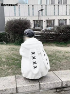 Nerazzurri Winter Sweet Cute Kawaii Soft Thick Warm White Faux Fur Coat Women with Bunny Ears Cute Fluffy Jacket Hoodie 2024 SS69