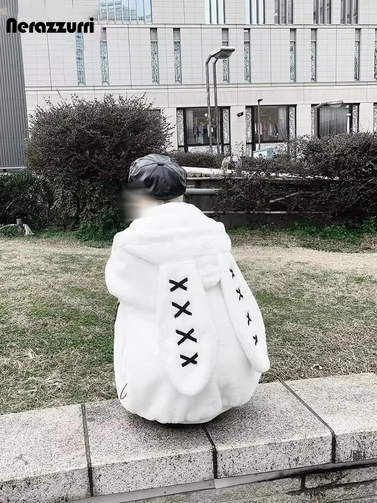 Nerazzurri Winter Sweet Cute Kawaii Soft Thick Warm White Faux Fur Coat Women with Bunny Ears Cute Fluffy Jacket Hoodie 2024 SS69