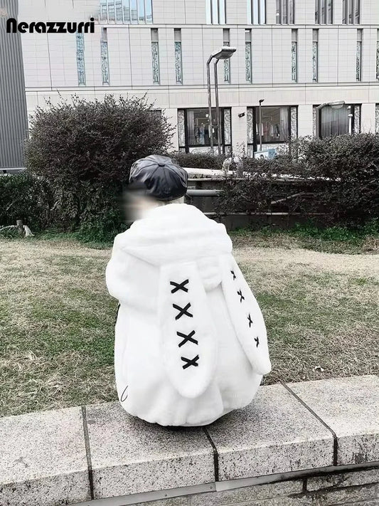 Nerazzurri Winter Sweet Cute Kawaii Soft Thick Warm White Faux Fur Coat Women with Bunny Ears Cute Fluffy Jacket Hoodie 2024 SS69