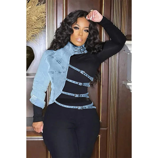 Daily Outwear Blue Mock Neck Asymmetrical Denim One Shoulder Streetwear Fashion Novelty Short Jacket Outwear Tops SS69