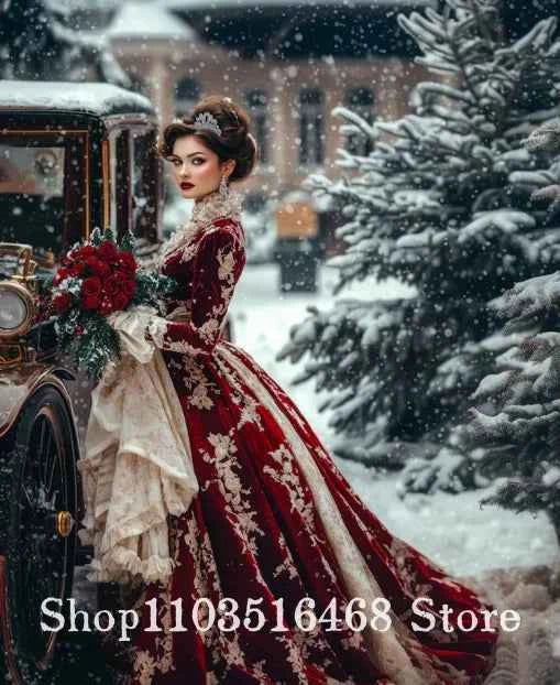 Victorian Christmas ThemedProm Dresses Velvet Embroidery Design Lace Cuffs Neckline For Halloween Cosplay Customised