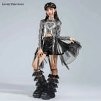 Girls K-pop Silver Shiny Crop Top Street Dance Ribbon Skirt Kids Hip Hop Jazz Clothes Set Children Streetwear Girl Group Costume