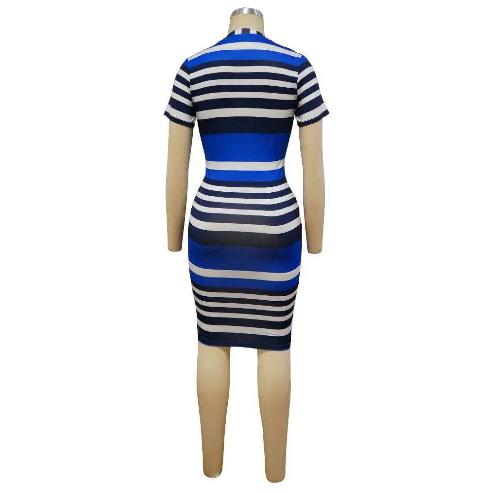 Summer New Women O-Neck Short Sleeve Leaf Striped Print Bodycon Knee Length Dress Sexy Partynight Club Dress SS69
