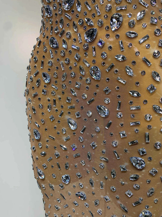 Luxury Rhinestones Sexy Mesh See Through Bodycon Dress Women Birthday Evening Cocktail party Gown Red Carpet Club Stage Outfit