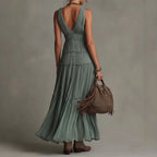 Women Boho Sleeveless V Neck Tiered Pleated Maxi Dress Ruffled Chiffon Flowy Split Hem Vintage Country Casual Western Long Dress