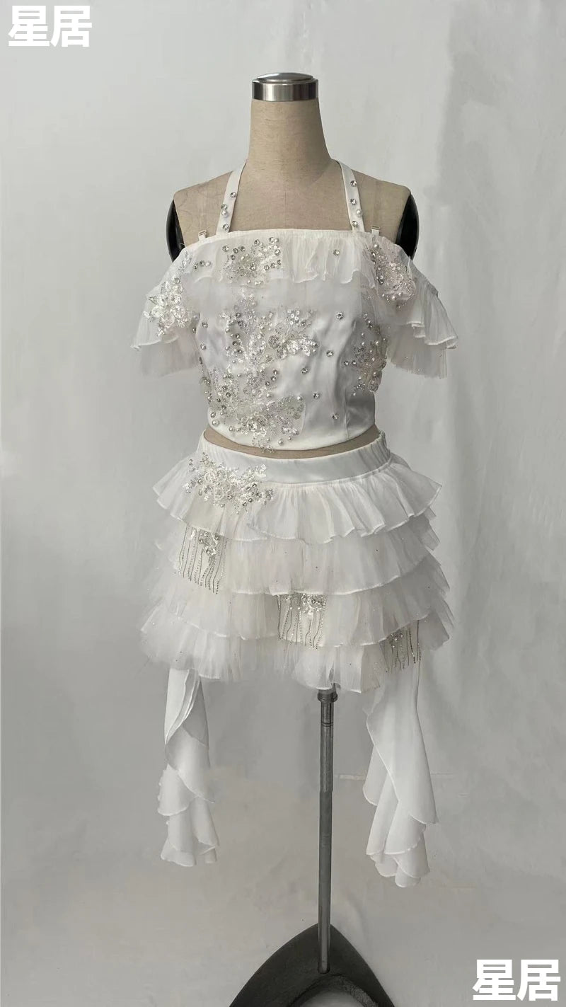 Women's Rhinestone Sling Top & Ruffled Skirt Jazz Dance Costume