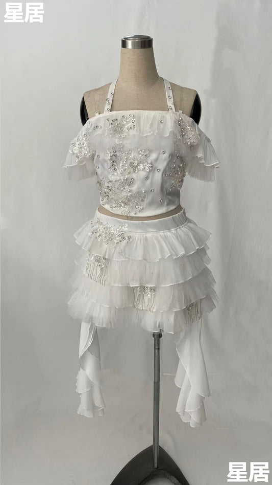 Kpop Singer Sexy Rhinestones Sling Tops Irregular Ruffled Skirts Stage Performance Outfits Women Nightclub Dj Jazz Dance Costume