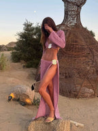 Sexy Knit Swimsuit Cover Up Two Piece 2026 Women V-neck Long Sleeve Lace-up Top Slit Beach Half Skirt Set Holiday Beachwear K279