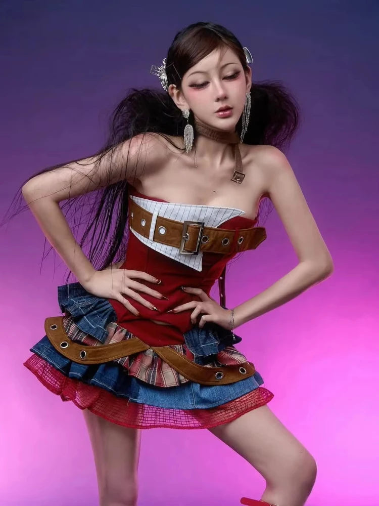 Preppy Style Vintage Red Denim Bustier Tops + Sweet Spicy Pure Design Mini Cake Skirt Women 2 Piece Sets Summer 2025 Korea Style SS69