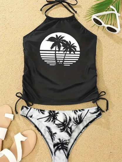Sexy Solid Print Tankini Set Tied Halter Swimsuit Women Swimwear Biquinis Summer Backless Beach Bathing Suit One Piece Swimsuit