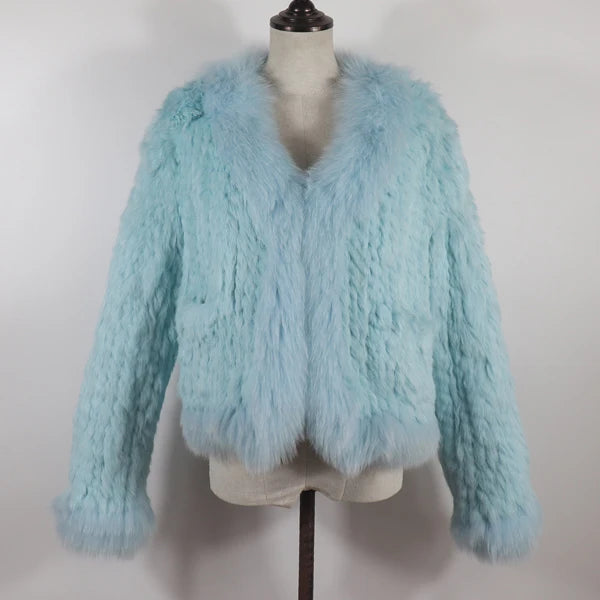 New Women Autumn Winter Knitted Real Rabbit Fur Coat 100% Natural Rabbit Fur Jacket With Fox Fur Collar Overcoat For Female