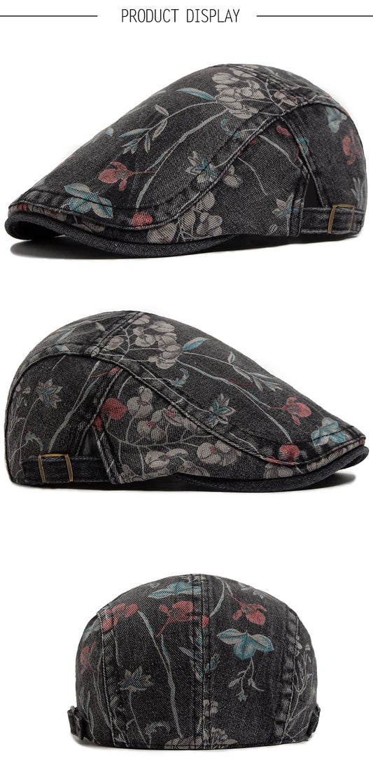 New Vintage Print Denim Beret Women Men Cotton Newsboy Cap Casual Visor Fashion Flat Hat Adjustable Berets For Spring Autumn