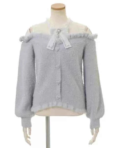 Liz Sweater Japanese Mass Production Autumn and Winter Woolen Off Shoulder Lace Slim Short Sweater Soft Furry Knitted Pullover