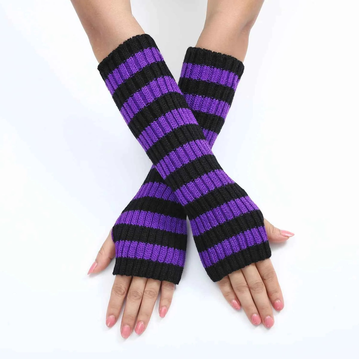 Women's Knitted Fingerless Arm Sleeves Gothic Style Striped Winter Long Arm Warmers Girls Harajuku Y2K Fashion Wrist Gloves