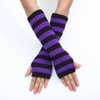 Women's Knitted Fingerless Arm Sleeves Gothic Style Striped Winter Long Arm Warmers Girls Harajuku Y2K Fashion Wrist Gloves