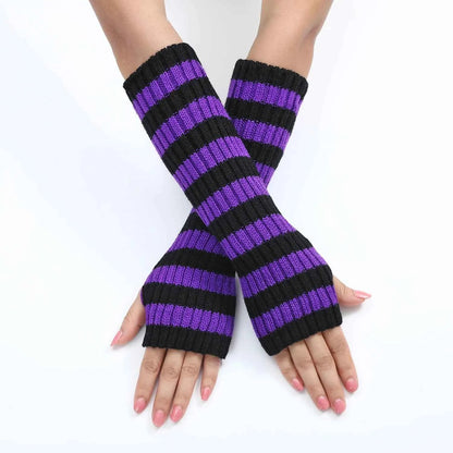 Women's Knitted Fingerless Arm Sleeves Gothic Style Striped Winter Long Arm Warmers Girls Harajuku Y2K Fashion Wrist Gloves