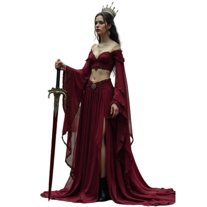 Vampire Burgundy Prom Dress Two Piece Vintage Gothic Special Occasion Gown Flare Sleeves Side Slit Evening Wear Customized