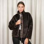 PUAL Women's Fuzzy Fleece Zip-Up Jacket with High Collar & Big Pockets