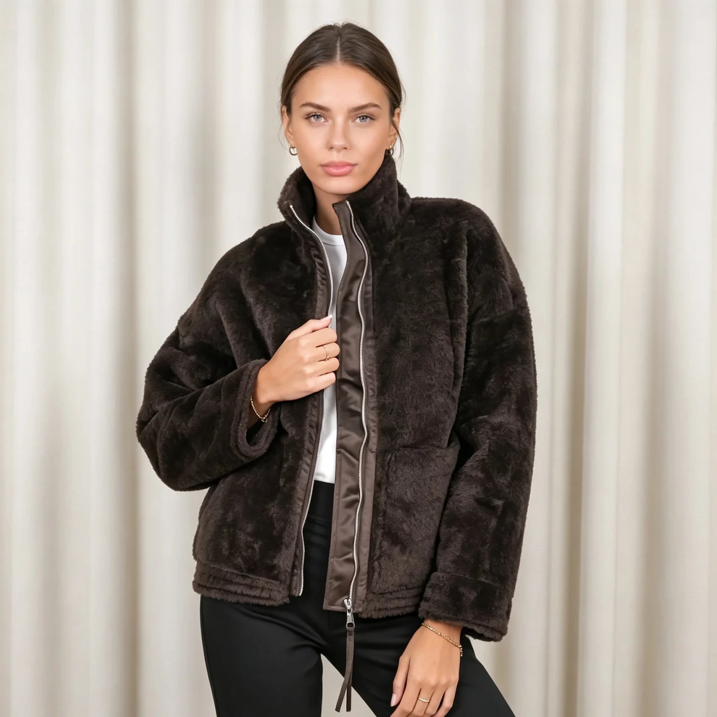 PUAL  2026 new fuzzy fleece zip up jacket, high collar, big pockets, warm casual short outerwear, cozy winter women plush coat