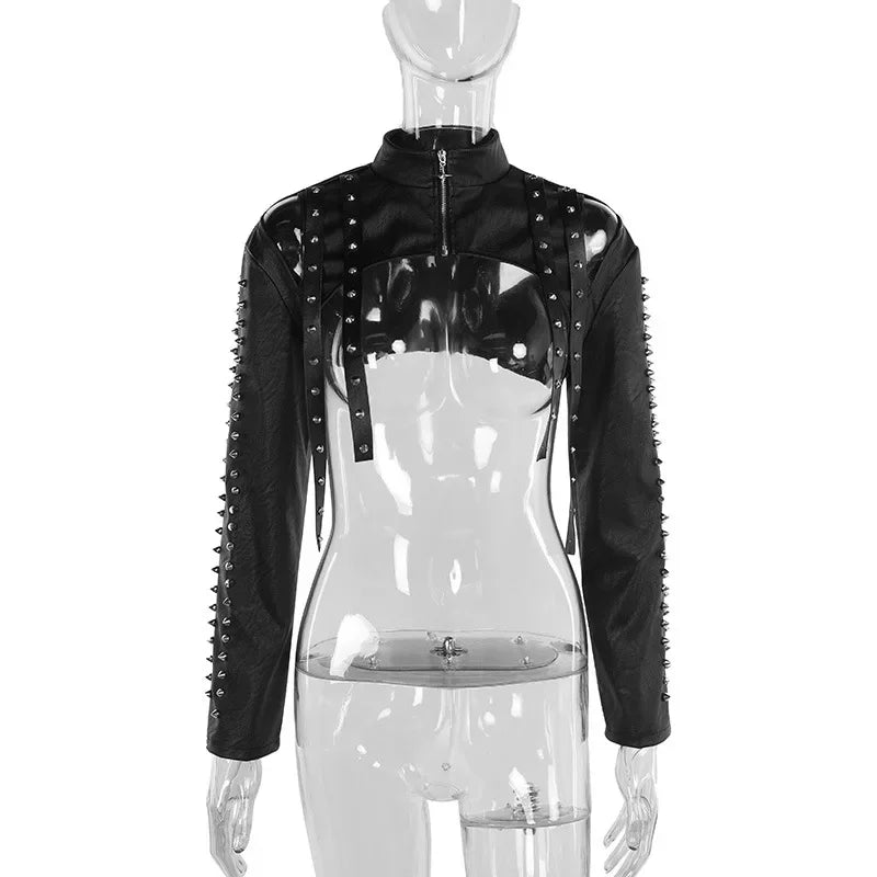 Punk Faux Leather Cropped Jacket with Rivets - Women's Streetwear