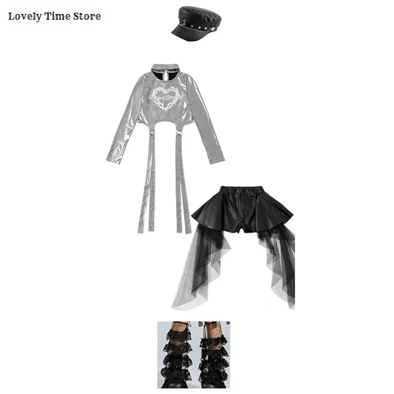 Girls Silver Shiny Crop Top and Ribbon Skirt Hip Hop Dance Streetwear Set