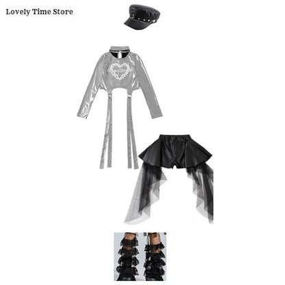 Girls Silver Shiny Crop Top and Ribbon Skirt Hip Hop Dance Streetwear Set