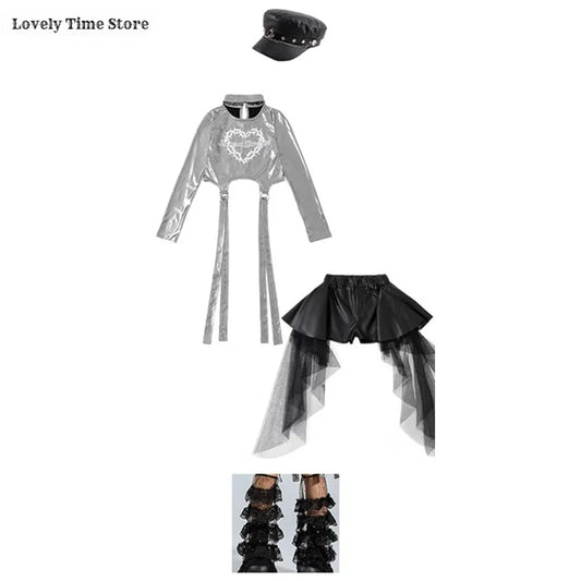 Girls Silver Shiny Crop Top and Ribbon Skirt Hip Hop Dance Streetwear Set