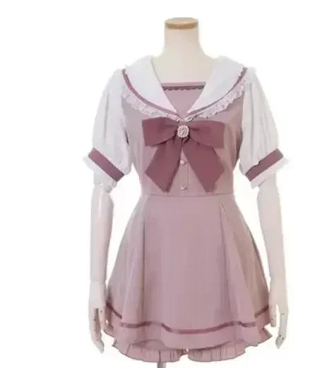 Geyalovvy Women's Lolita Sailor Collar Plaid Rhinestone Bow Two-Piece Set