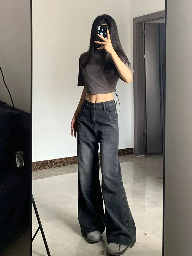 Korean Vintage High Waist Women's Jeans Y2K Slimming Pear-Shaped Loose Straight Bell Bottoms Black Gray Baggy Denim Trousers SS69