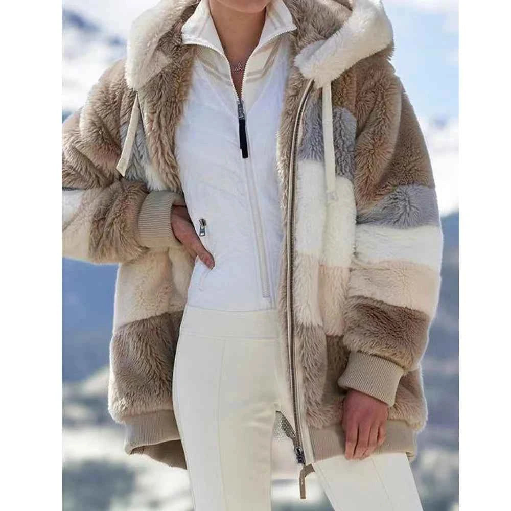 Winter Fashion Women's Coat 2025 Hooded Zipper Ladies Jacket Spliced Thick Cashmere Women Jacket Stitching Plaid Ladies Coats